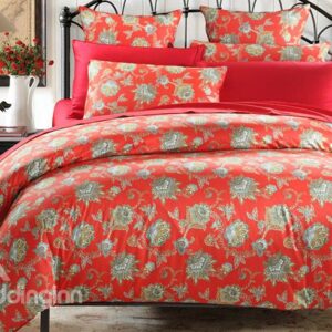Jubilant Jacquard Red 100% Cotton 4-Piece Duvet Cover Sets
