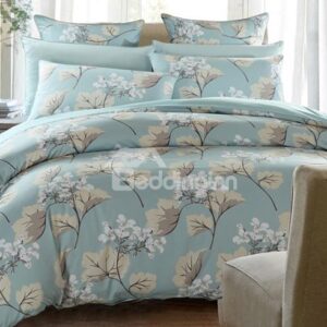 Concise Elegant Gingko Print Cotton Blue 4-Piece Duvet Cover Sets
