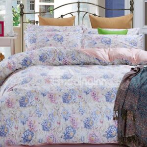 Pink Blue Rose Print Graceful 4-Piece Cotton Duvet Cover Sets