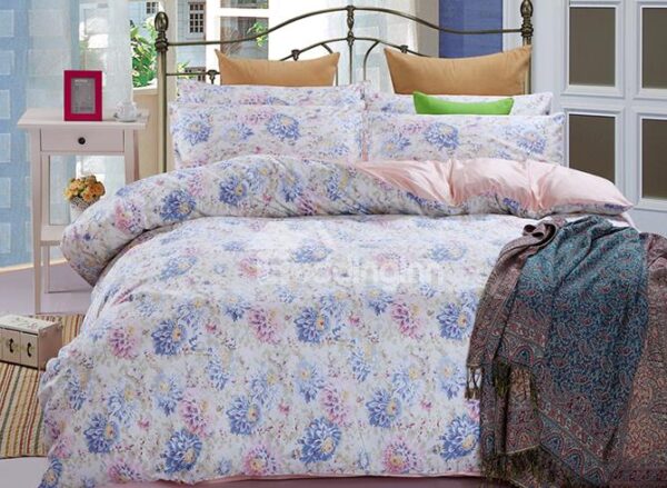 Pink Blue Rose Print Graceful 4-Piece Cotton Duvet Cover Sets