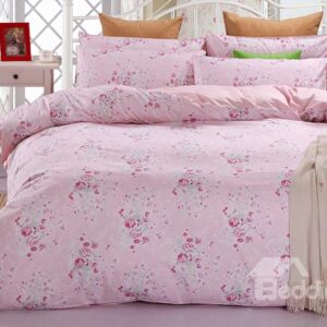 Romantic Pink Rose 100% Cotton 4-Piece Duvet Cover Sets