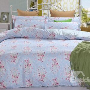 Comfy Graceful Pink Rose Cotton Blue 4-Piece Duvet Cover Sets