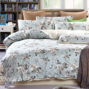 Fresh Flower Cozy Cotton 4-Piece Blue Duvet Cover Sets