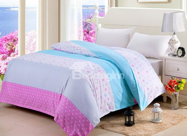 Stitching Color Adorable Dot Flower Stripe Cotton 4-Piece Duvet Cover Sets