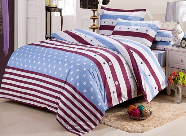 Top Class Warm Cotton Stars Stripe Print 4-Piece Duvet Cover Sets