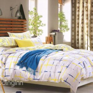Bright Yellow Blue Stripe Plaid 4-Piece Duvet Cover Sets