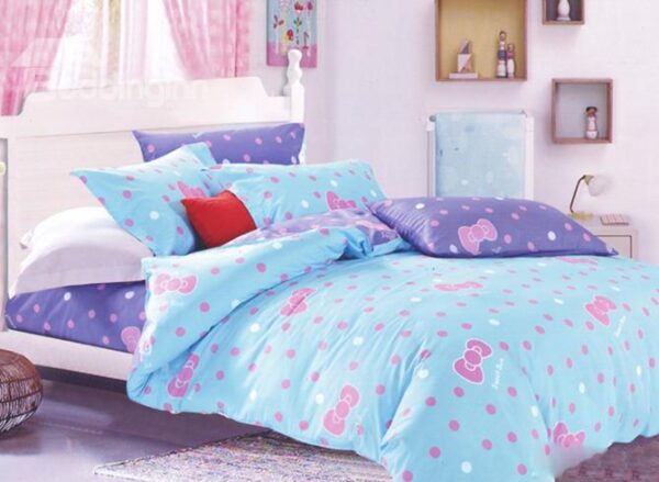 Lovely Bowknot and Polka Dots 4-Piece Organic Cotton Kids Duvet Cover Sets