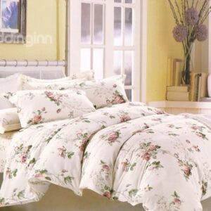 Mellow Cotton 4-Piece Duvet Cover Sets with Pink Flower