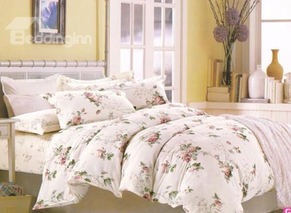 Mellow Cotton 4-Piece Duvet Cover Sets with Pink Flower