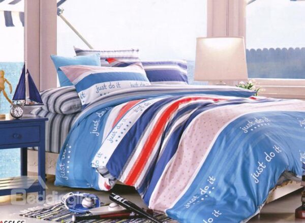 Stylish English Sentence Stripe Print 4-Piece Cotton Duvet Cover Sets