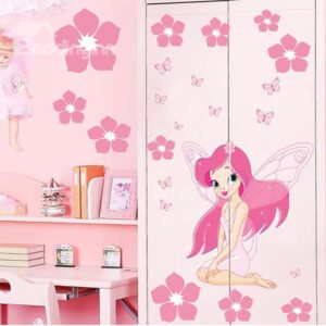 Lovely Little Winged Fairy and Flowers Print Wall Stickers