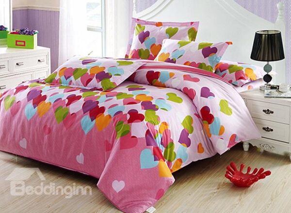 Adorable Heart Shape Pattern 4-Piece Cotton Kids Duvet Cover Sets
