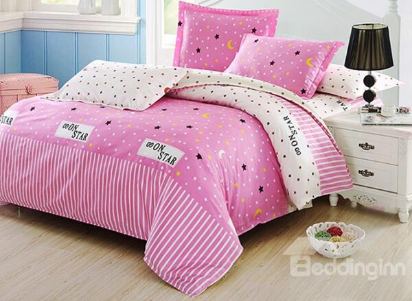 Pink Lucky Star Pattern 4-Piece Organic Cotton Kids Duvet Cover Sets
