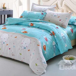 Fish and Cat Pattern 4-Piece Organic Cotton Kids Duvet Cover Sets