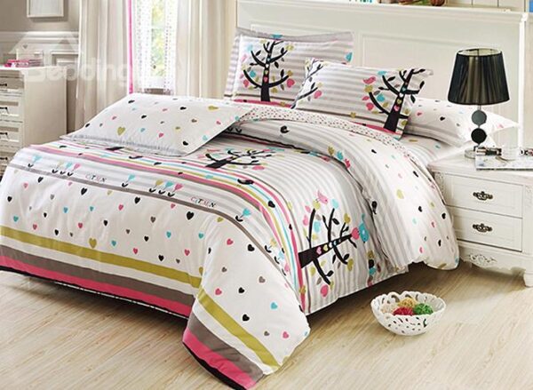 Little Trees and Heart Shape Pattern 4-Piece Cotton Kids Duvet Cover Sets