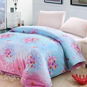 Cute Pink Floral Fresh Blue Backdrop 4-Piece Cotton Duvet Cover Sets