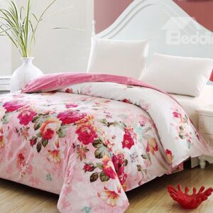 Fragrant Floral Cotton Pink 4-Piece Cotton Duvet Cover Sets