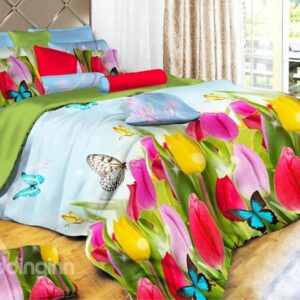 Aesthetic Bright Tulip Printing 4-Piece Duvet Cover Sets