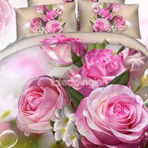 Lifelike Shinning Pink Flowers 4-Piece Cotton Duvet Cover Sets