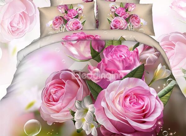Lifelike Shinning Pink Flowers 4-Piece Cotton Duvet Cover Sets