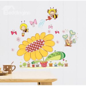 Super Cute Sun Flowers And Honey Bees Childrenâ€™s Wall Sticker
