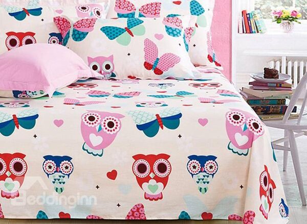 Lovely Owls Pattern 4-Piece Soft Cotton Kids Duvet Cover Sets