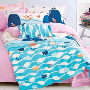 Cute Whale and Small Fish Pattern 4-Piece 100% Cotton Kids Duvet Cover Sets