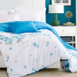 Graceful Blue Wild Flowers Comfy Cotton 4-Piece Duvet Cover Sets