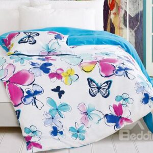 Elegant Butterflies & Colorful Flowers Printing 4-Piece Cotton Duvet Cover Sets