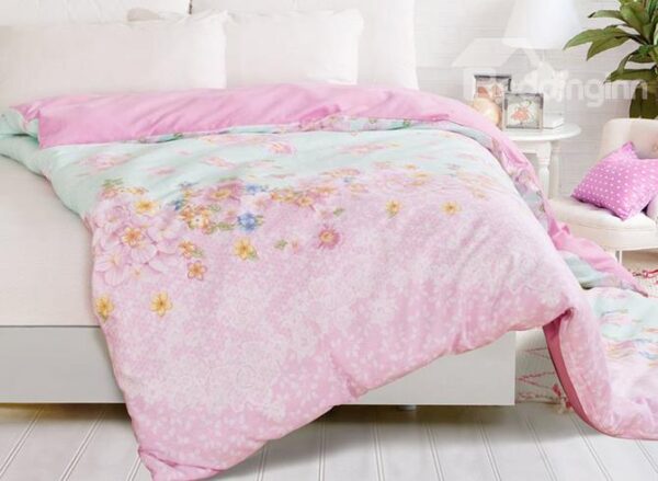 Sweet Blue Pink Joint-color Flower Printing 4-Piece Duvet Cover Sets