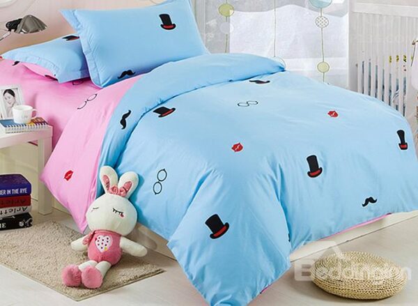 Lovely Hats and Glasses Pattern 3-Piece Organic Cotton Kids Duvet Cover Sets