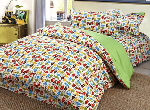 Lovely Owls Pattern Organic Cotton 4-Piece Duvet Cover Sets