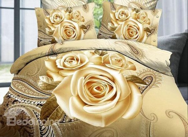 Luxury Golden Rose Printing 4-Piece Duvet Cover Sets