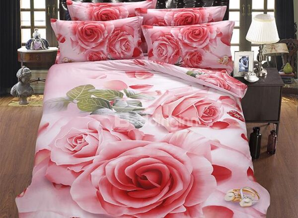 Romantic Pink Rose Printing Fluffy Cotton 5-Piece Comforter Sets