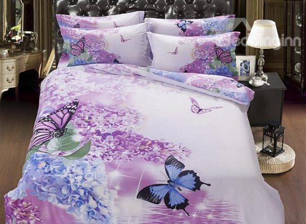 Artistic Romantic Flower Butterflies Printing 5-Piece Cotton Comforter Sets
