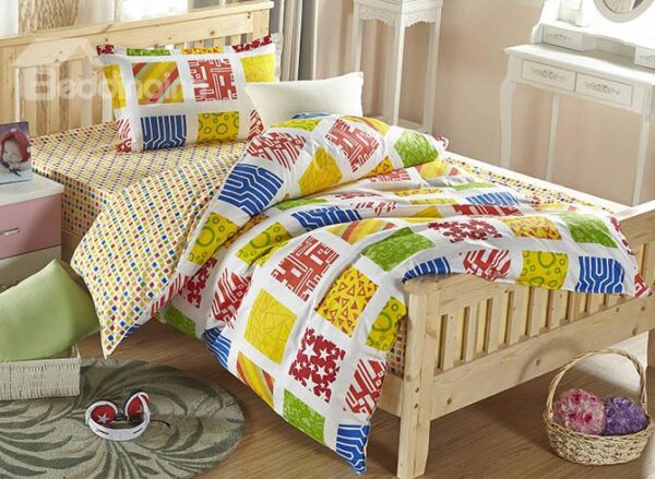 Lovely Colorful Square Pattern 3-Piece Organic Cotton Kids Duvet Cover Sets