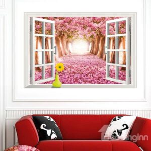 Dreamy Natural Scenery Window View Cherry Blossom Path 3D Wall Sticker