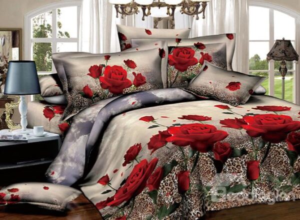 Red Roses with Leopard Background Print 2-Piece Pillow Cases