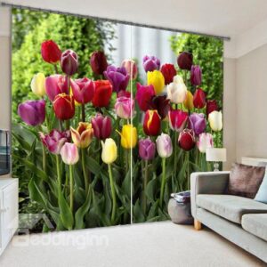 Colorful Tulips Print Polyester Light Blocking 3D Curtain
