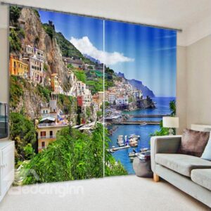 Seaside Town Scenery Print 3D Blackout Curtain