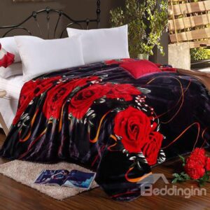 Romantic Rose Print with Black Background Polyester Blanket