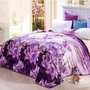 Graceful Noble Purple Lily Print Coral Fleece Blanket