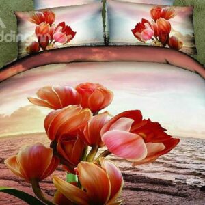 Gorgeous Sunset Flower Print Cotton Bed Skirt