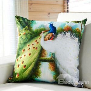Gorgeous Green & White Peacock Digital Print Throw Pillow