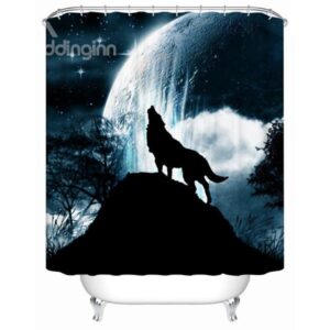 Creative Lone Wolf Whistling Moon Print Shower Curtain