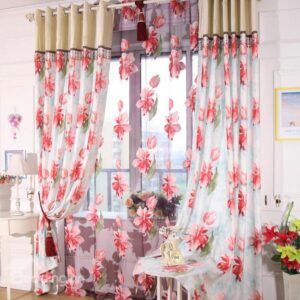Gorgeous Red Flower Print Grommet Top Curtain & Sheer Set