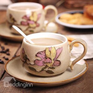 Lovely Hand-Painted Pink Flowers Ceramics Coffee Cup Sets