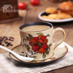 Gorgeous Hand-Painted Red Flowers Ceramic Coffee Cup Sets