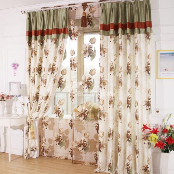 Wonderful Coffee Color Flower Print Curtain & Sheer Set
