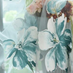 Refreshing Blue Color Flower Print Sheer Curtain